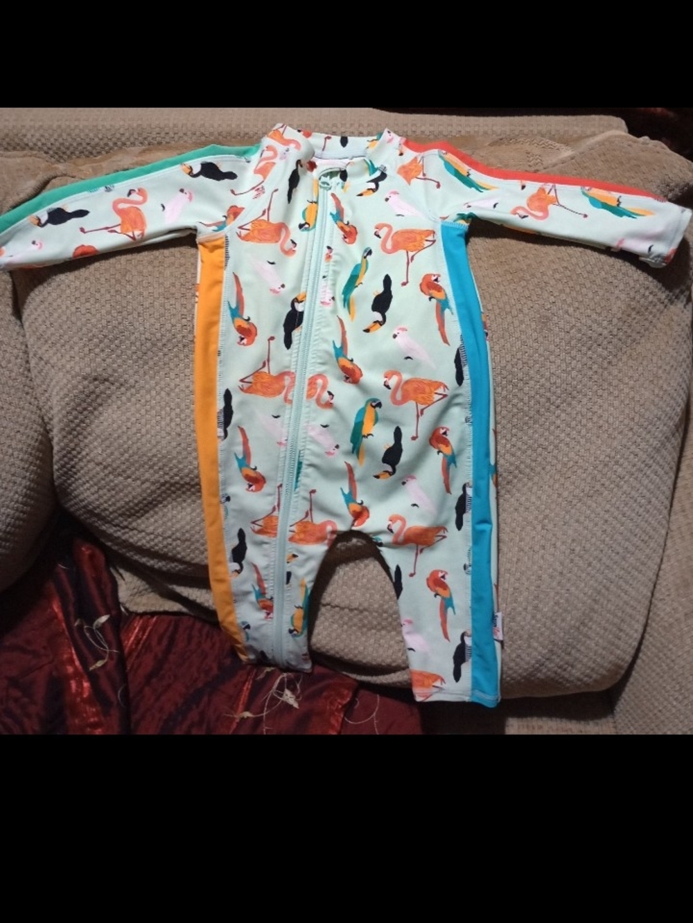 Kids Flamingo & Parrot Print One-Piece Swimsuit Romper - Mint